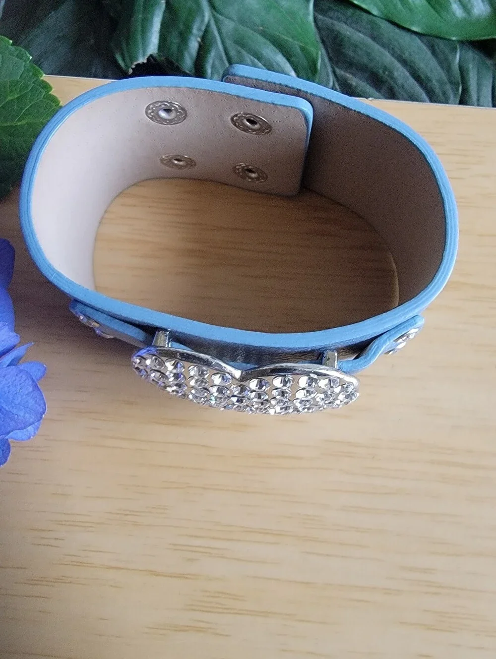 Rhinestone Heart Blue Faux Leather Cuff Bracelet
